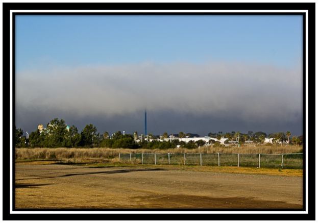A morning marine layer rolling in over SeaWorld San Diego